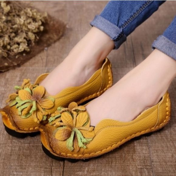 Socofy Yellow Floral Platforms Slip On Shoes 7 Retro Cosplay Handmade Loafers - Picture 1 of 10
